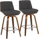 Corazza 26" Swivel Counter Stool in Walnut Wood & Charcoal Fabric with Chrome Footrest (Set of 2)